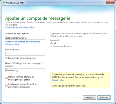 Configurer un compte IMAP dans Windows Live Mail